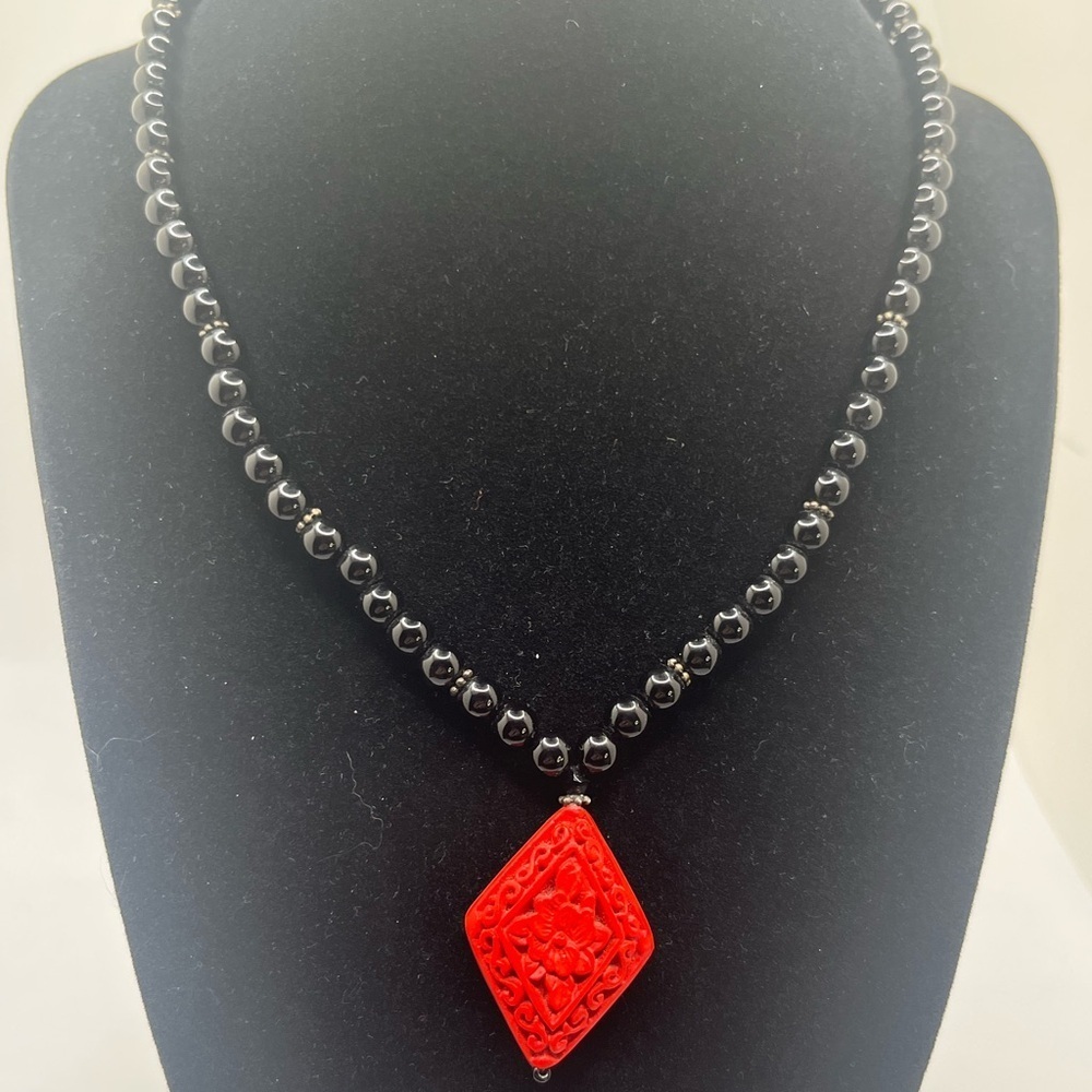 Sterling Silver Onyx Necklace with Carved Red cinnabar Pendant Vintage Style 16”